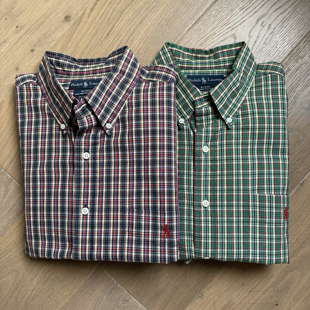 (2) RALPH LAUREN BLAKE Mens XL Plaid Long Sleeve‎ Button Down Cotton Shirts